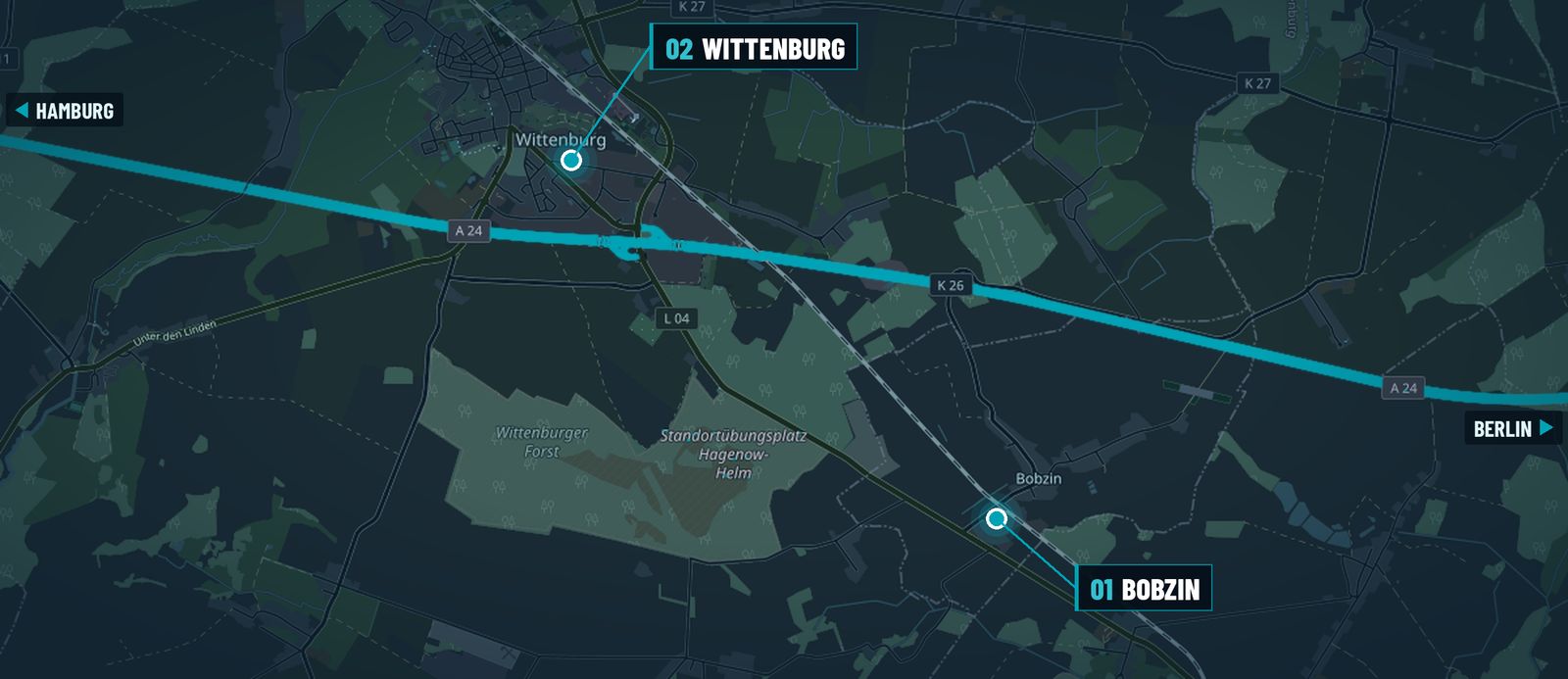 Lageplan: Standort 01 Bobzin und Standort 02 Wittenburg an der A24 zwischen Hamburg und Berlin